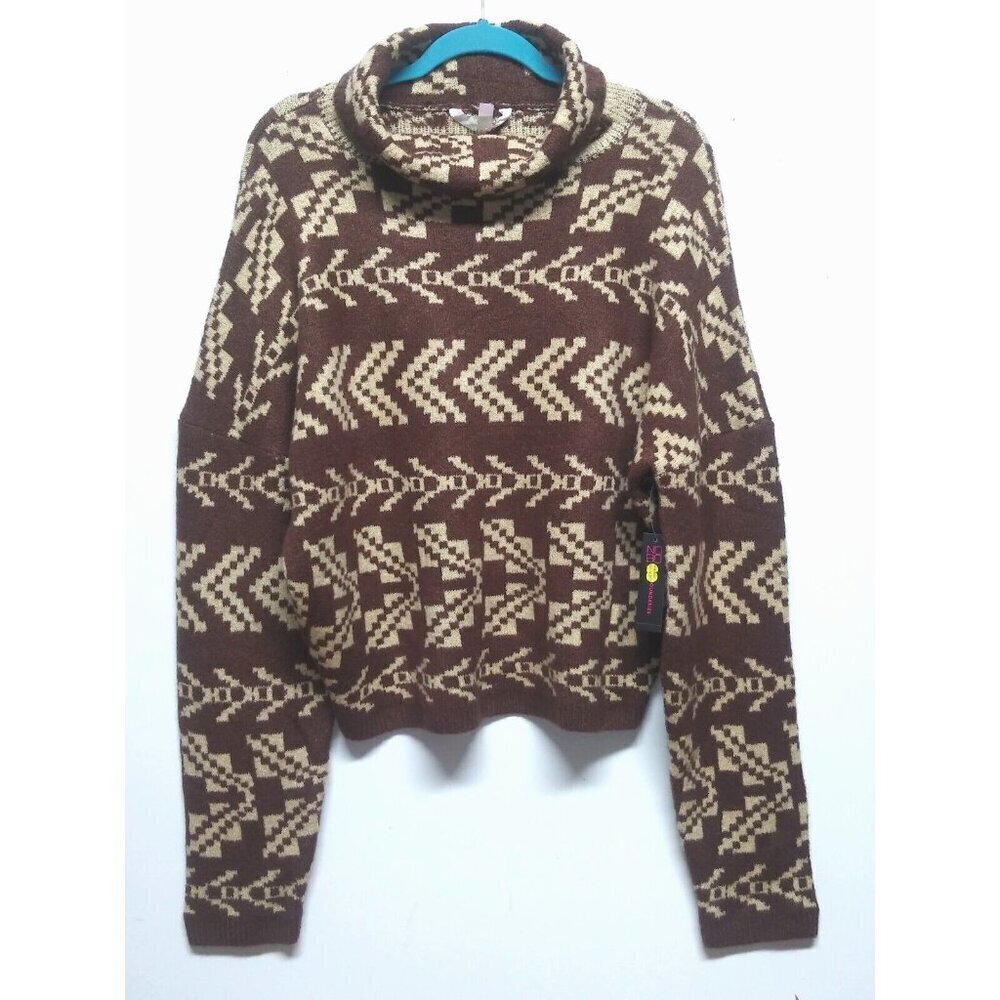 Womens sweater AZTEC pullover 3XL boxy short brown beige turtle neck long sleeve